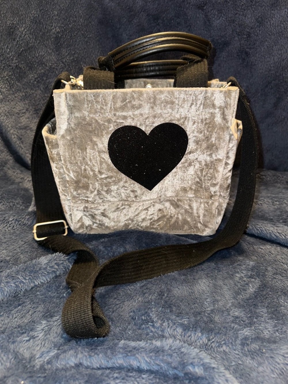 Gray Velvet Crossbody Bag with Black Heart Accent